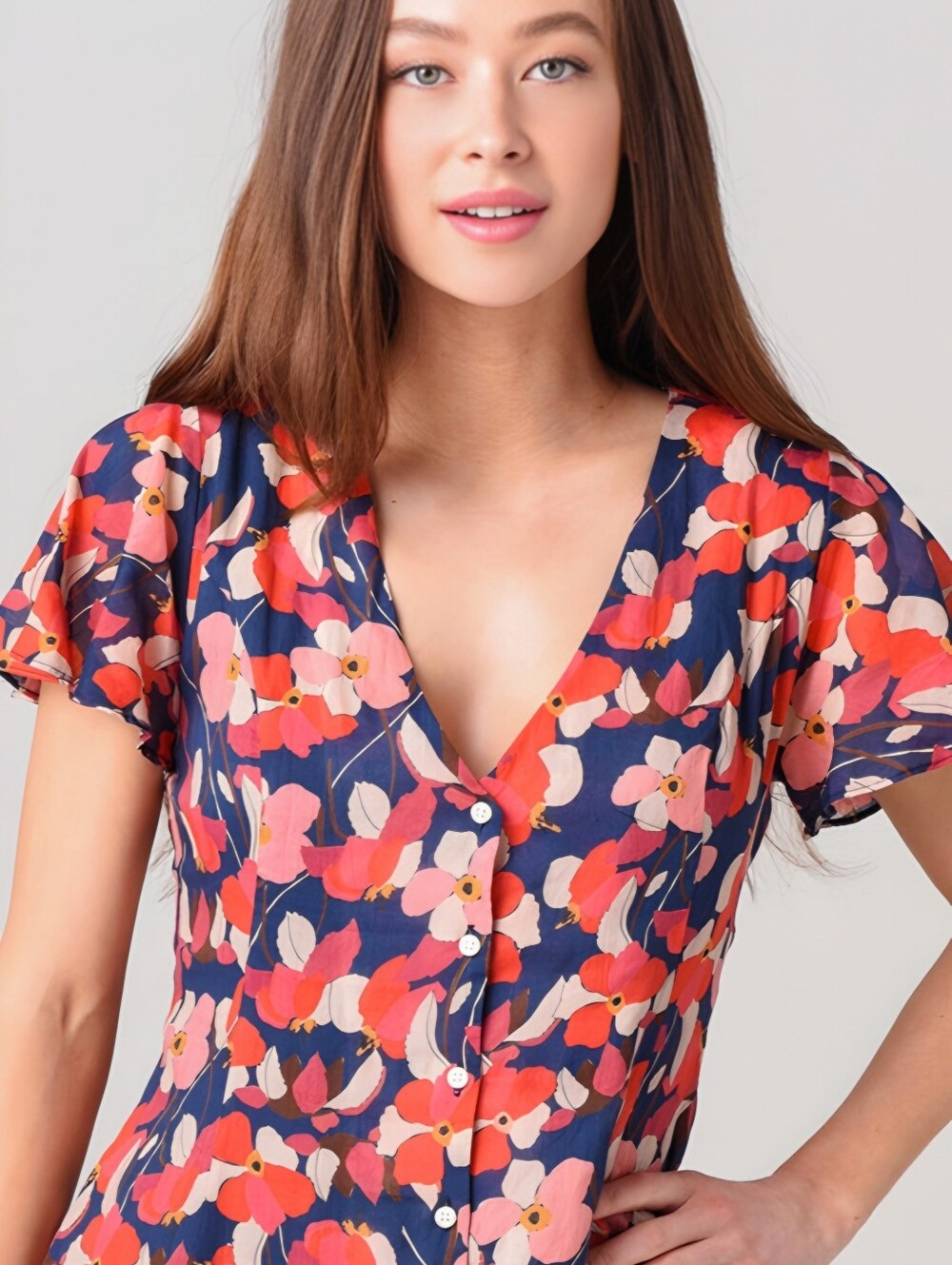 Trovata Birds of Paradis  Floral Pink Blue Lightweight Cotton Button Up Top, XS